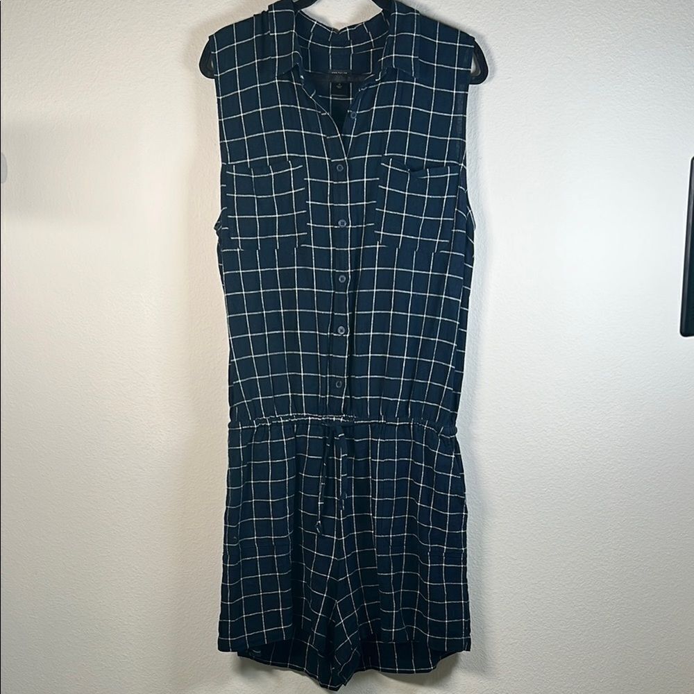 Ann Taylor Blue & White Plaid Blouson Casual Linen Romper Playsuit